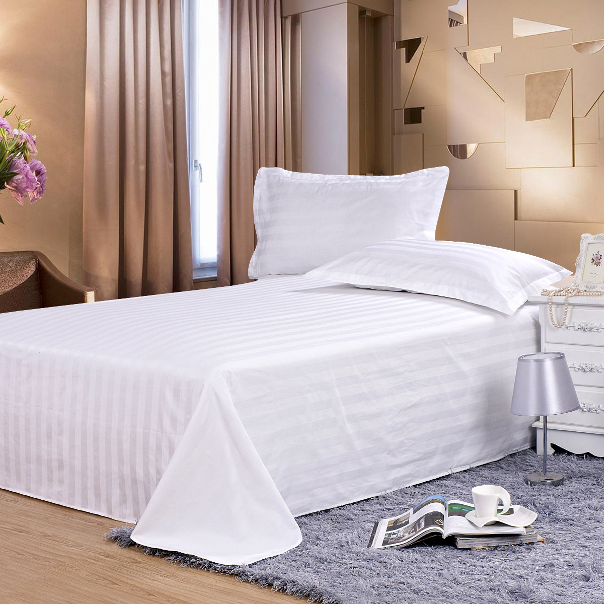 合武(hewu)床单/被罩/床笠 酒店宾馆用品床单定做 白色 条单人双人