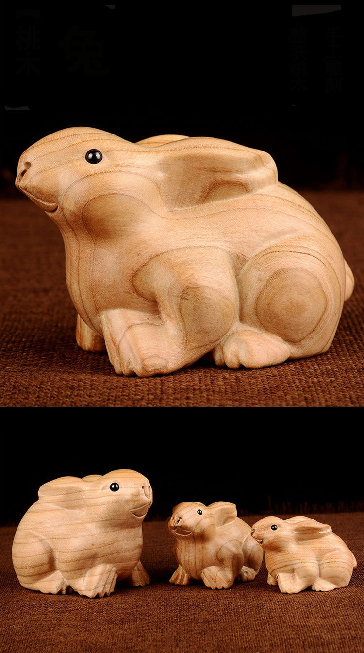 宏图好运桃木兔子摆件木雕生肖兔摆件木雕木质兔属兔小摆件