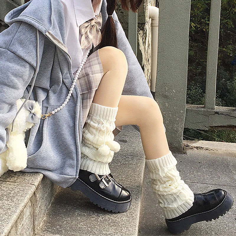 日系毛线小腿jk堆堆靴套袜女洛丽塔中长筒lolita软妹百搭秋冬保暖毛球