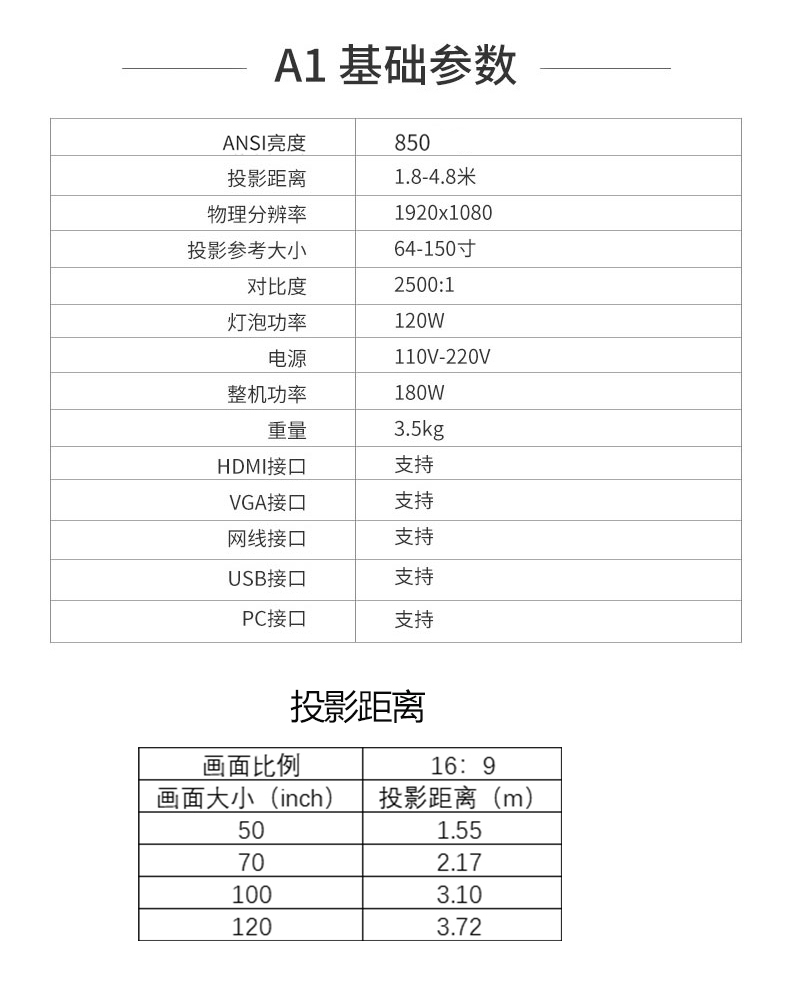 轰天炮a1w白色投影仪家用手机投影电视高清1080p智能无线投影机宿舍