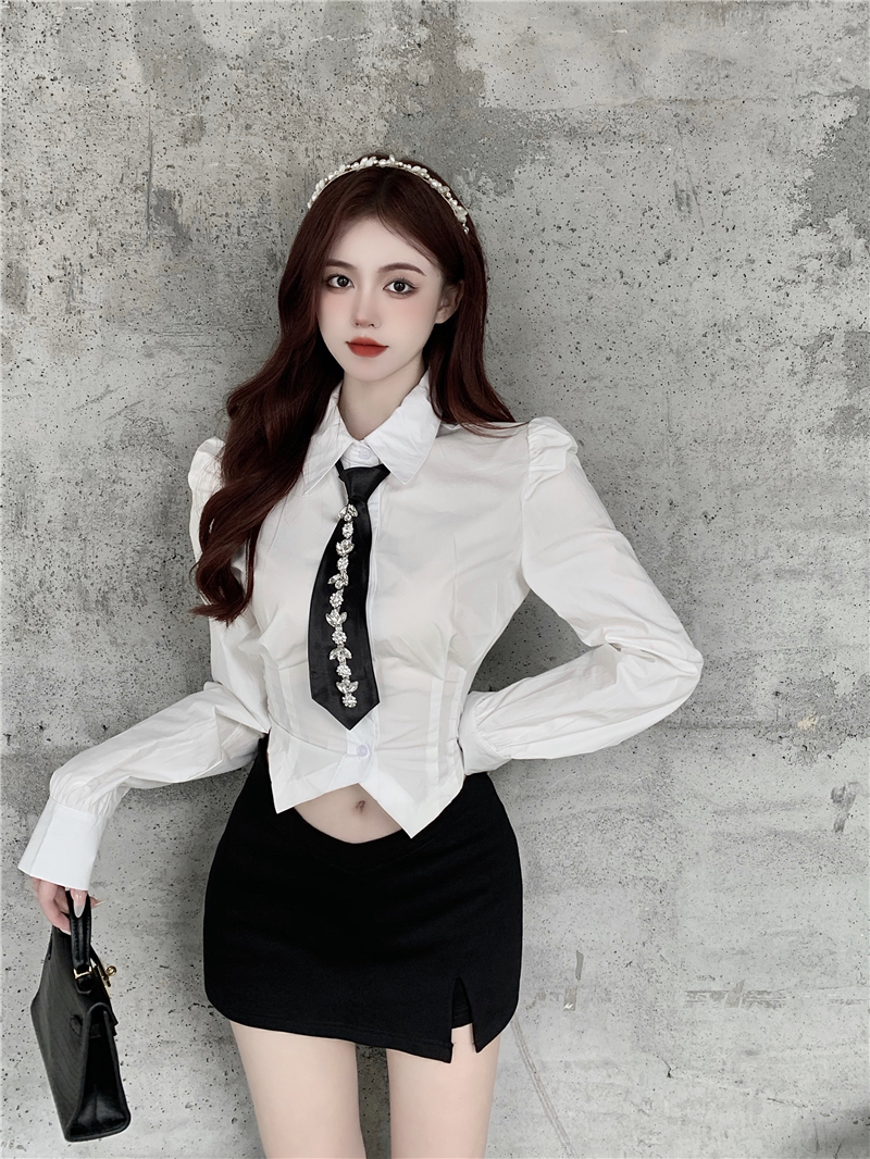 希杰狮王领带衬衫女设计感小众重工修身短款长袖衬衣2022春季新款白色