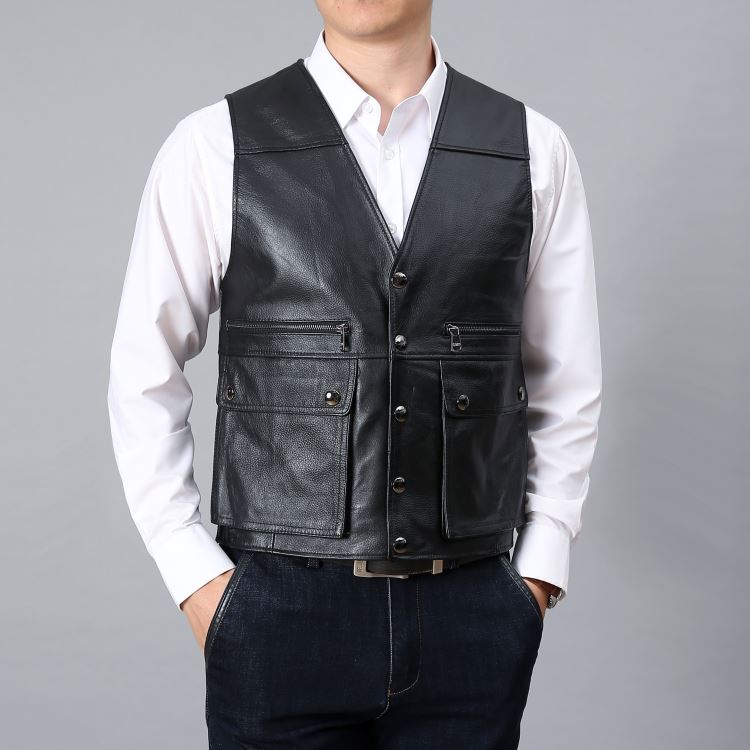 jeepspirit吉普真皮马甲男春秋单款牛皮背心防风休闲多袋工装头层皮