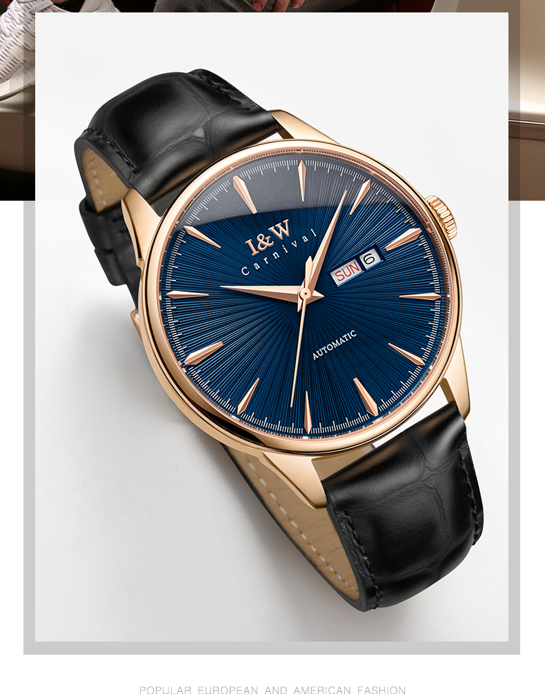 瑞士爱沃驰iwcarnival手表男士全自动机械表男表进口机芯真皮带防水