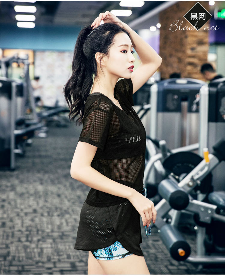 运动套装瑜伽服宽松网罩衫性感速干跑步短裤大码身房女装夏季