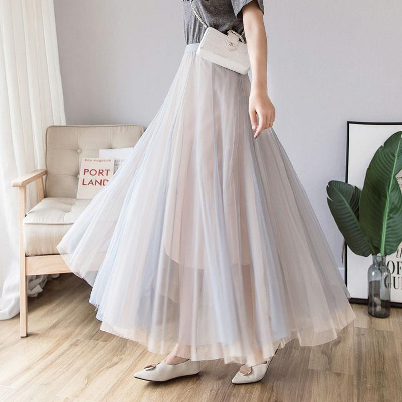 网纱半身裙2021女夏季新款高腰修身显瘦中长款ins超火学院蓬蓬裙蓝