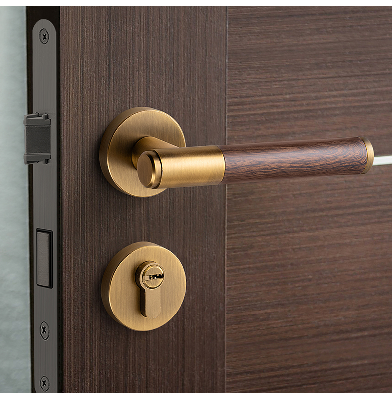 jing ping黄古铜锁木纹门把手磁吸分体锁室内卧室家用对开门锁暗门锁