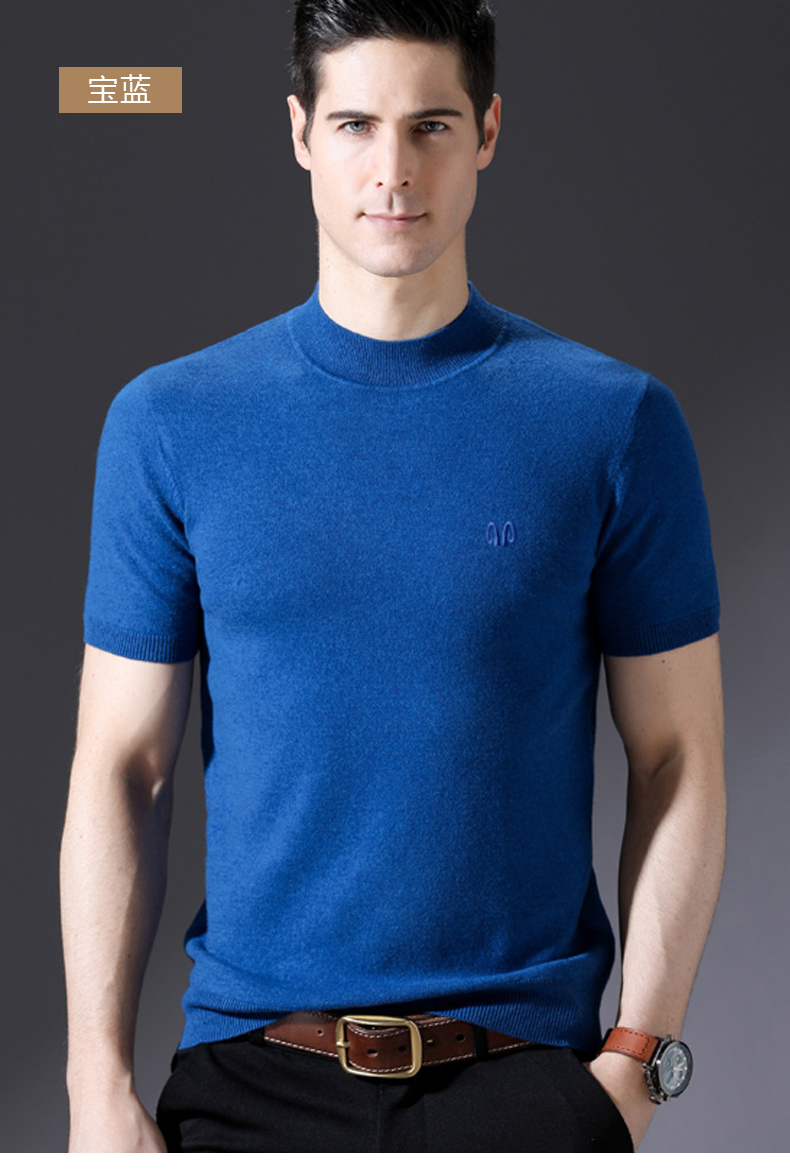 恒源祥纯羊毛t恤秋季款短袖纯色半袖打底针织t恤男