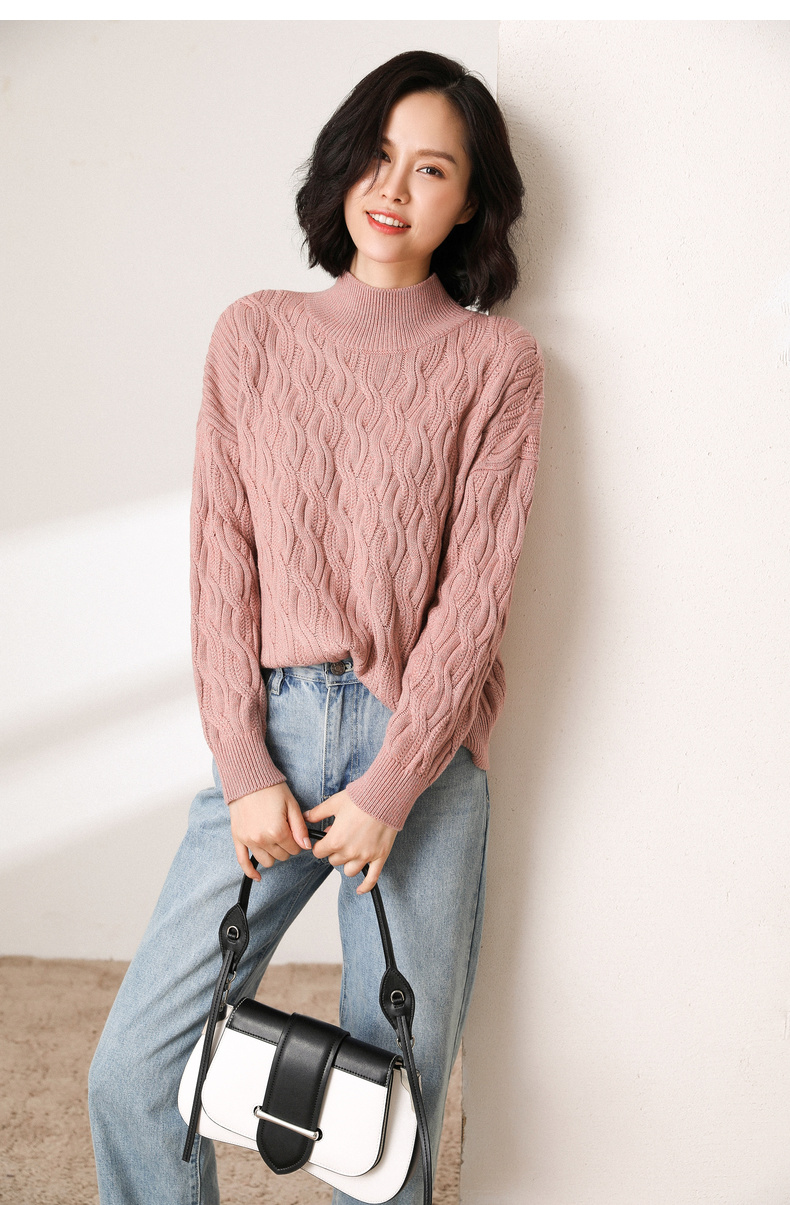 恒源祥慵懒风绞花半高领羊毛衫女全羊毛针织衫冬装厚宽松外穿毛衣
