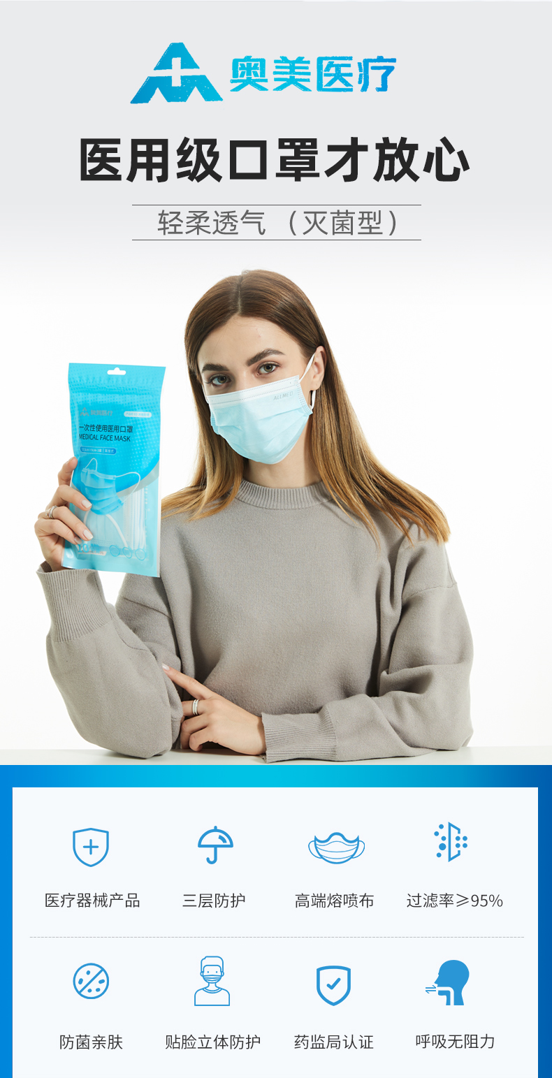 奥美医疗蓝色医用口罩袋装10只袋共5袋50只亲肤柔和内里透气宽耳带