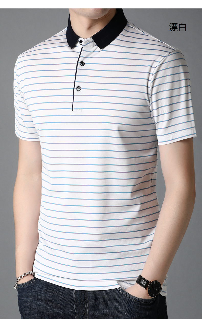 恒源祥100%桑蚕丝条纹polo衫 中年爸爸装休闲翻领真丝短袖t恤男