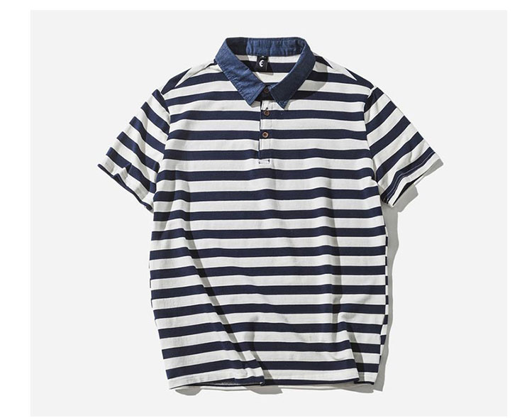 嘿马日系新款潮条纹短袖polo衫男牛仔翻领短袖t恤修身保罗衫文艺