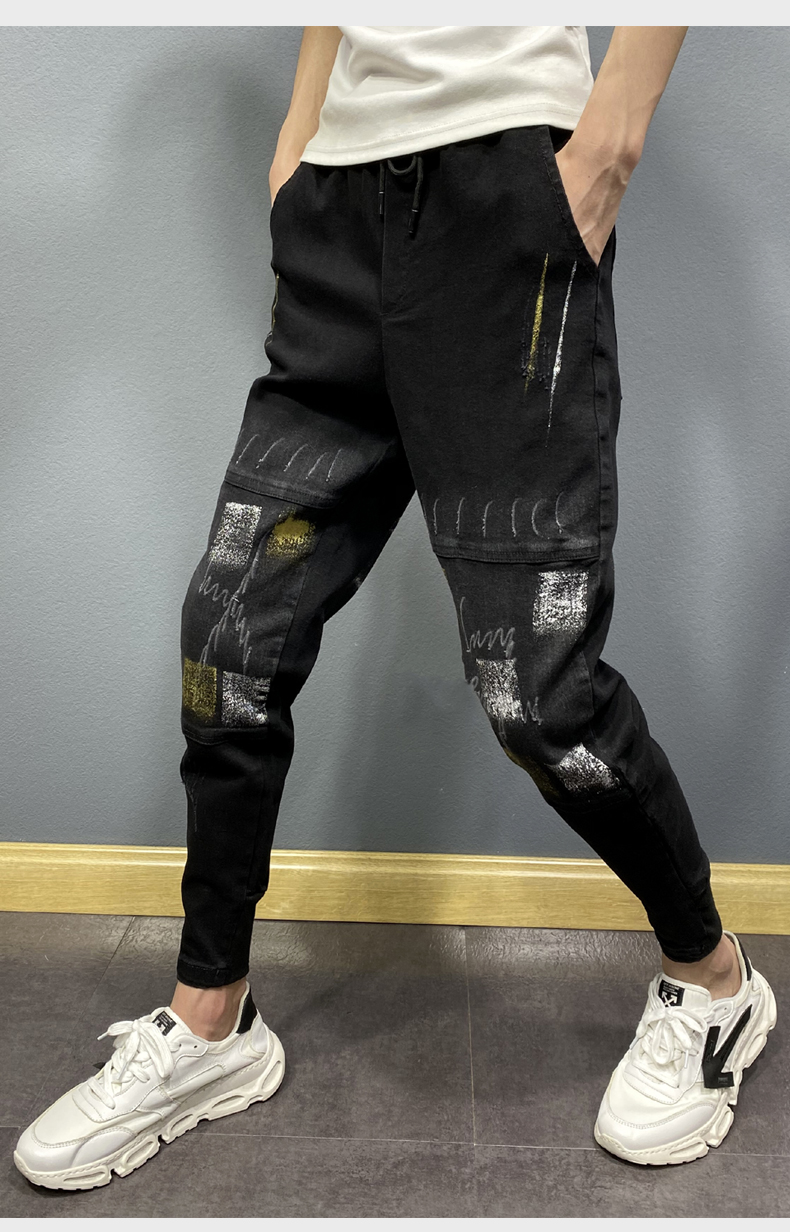 suntek网红牛仔裤男春季松紧腰九分裤子男喷漆哈伦小脚裤潮流宽松哈伦