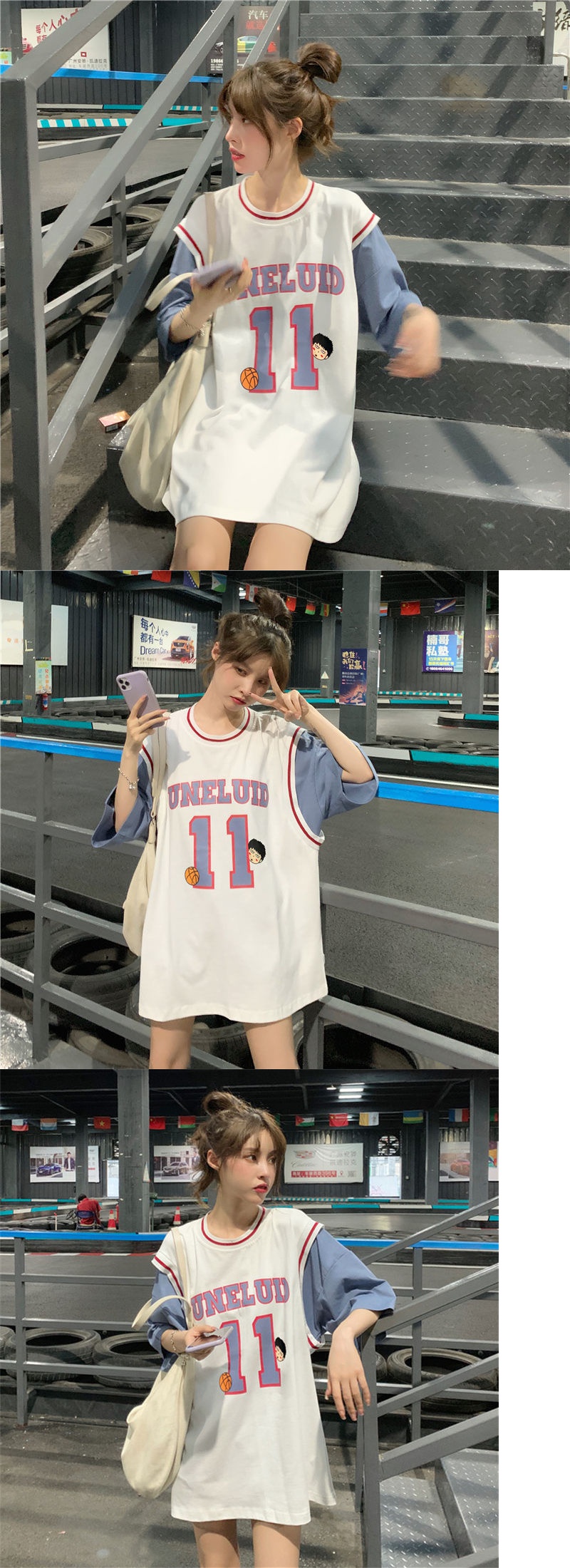 假两件篮球服t恤女2021球衣短袖学生韩版宽松中长款半袖ins潮恋泽芯