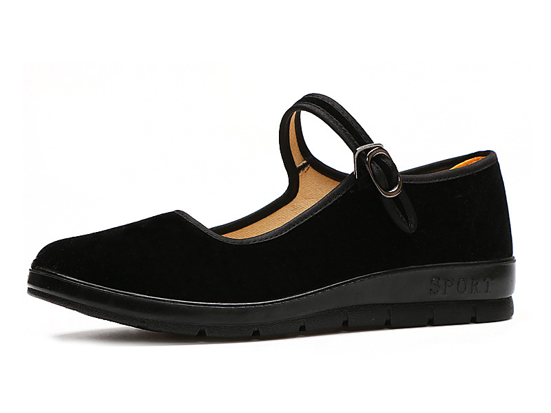 天足祥布鞋女平绒一代休闲单鞋平底加厚黑色职业酒店工作鞋