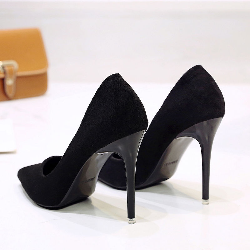 软面高跟鞋2020新款绒面百搭单鞋细跟职业女鞋通勤工作鞋黑色磨砂黑色