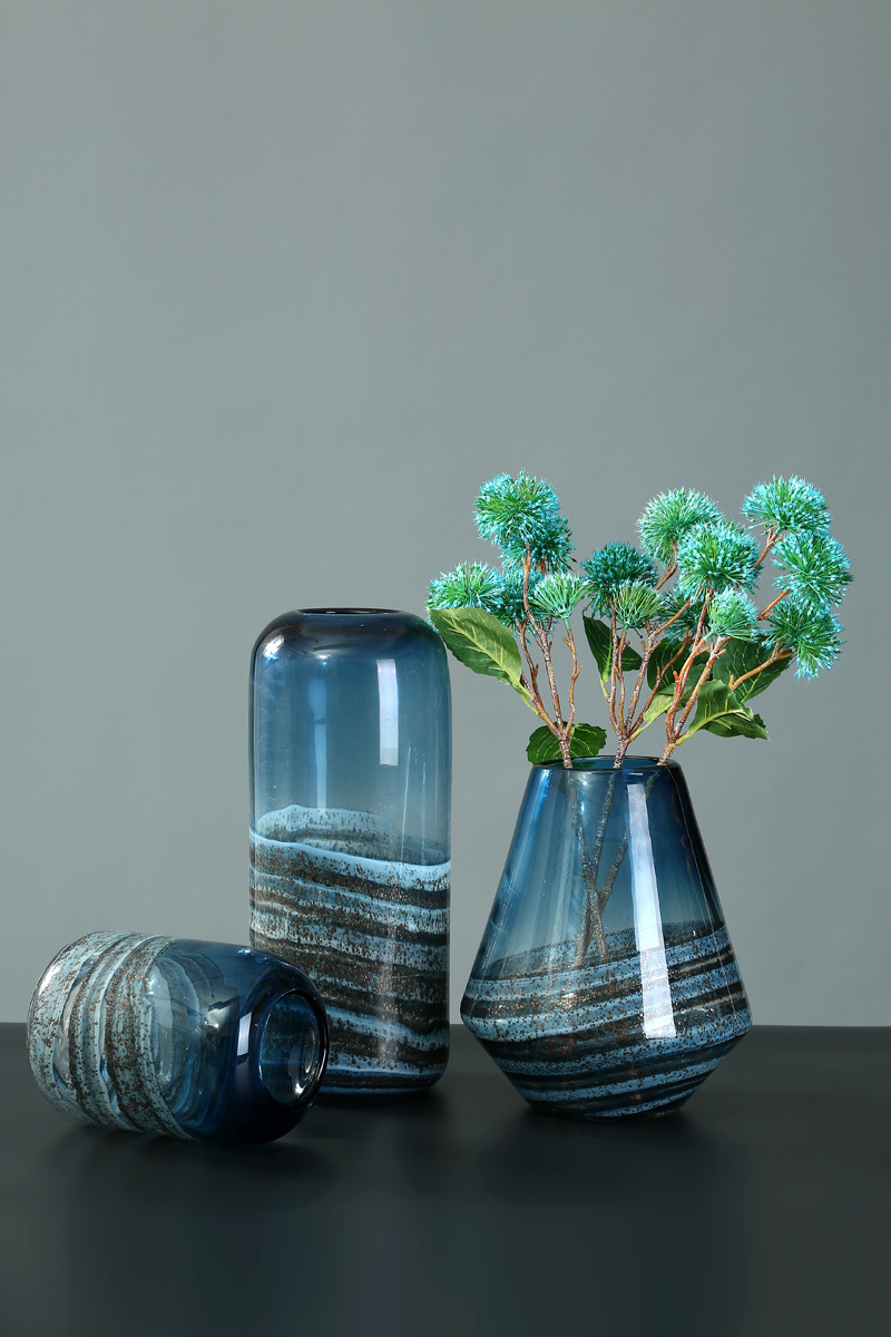 欧美时尚深蓝流沙玻璃花瓶摆件家居手工立体玻璃花瓶工艺品