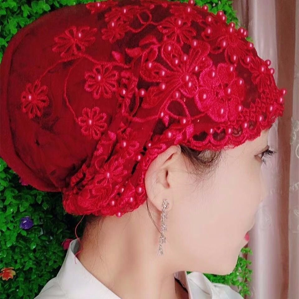 穆斯林纱巾新款高端夏季时尚百搭格桑花钉珠花边休闲百搭蕾丝帽子格桑