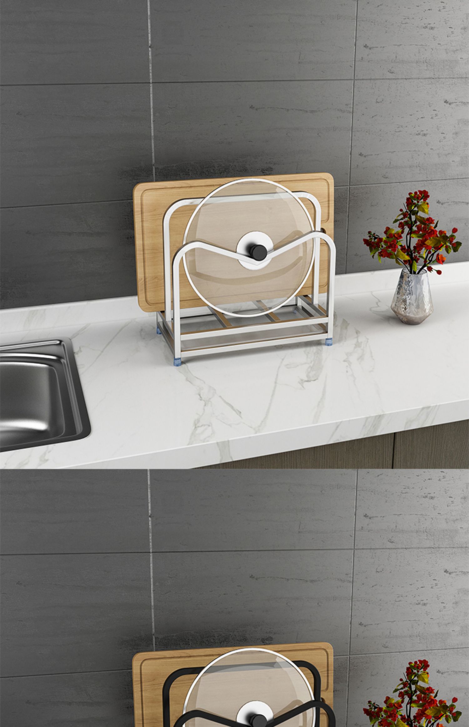 《304不锈钢砧板架切菜板架台面厨房置物架黑色收纳锅盖架案板架子 单