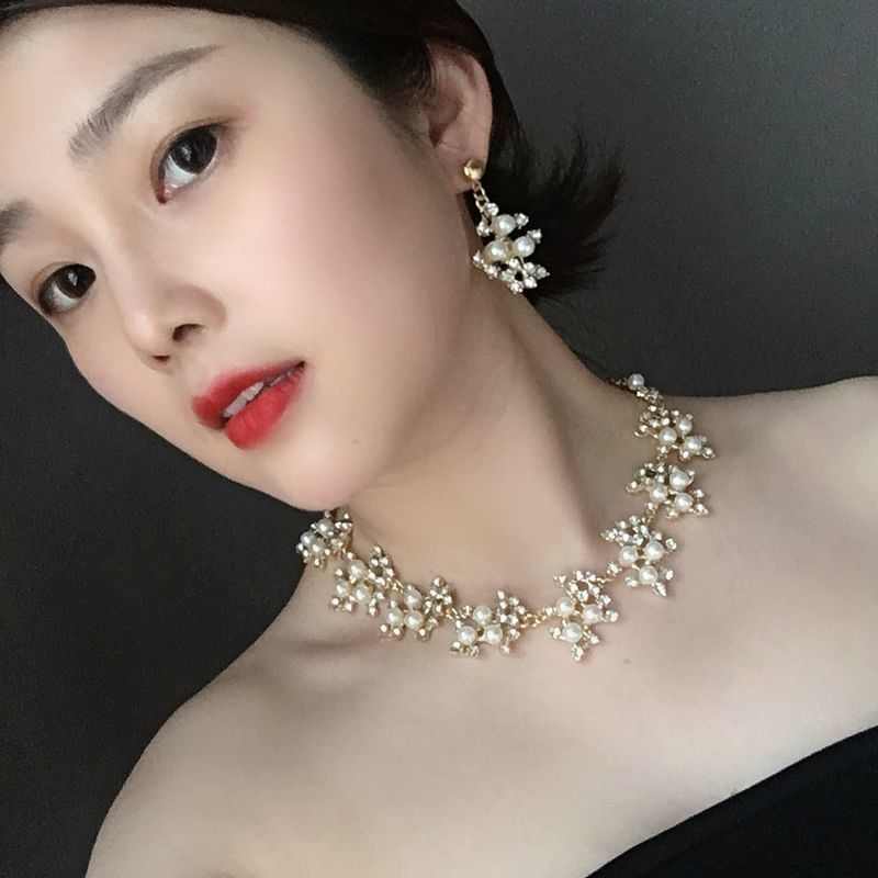 欧美热卖珍珠水钻项链耳环套装简约时尚气质女百搭衣服个性配饰品