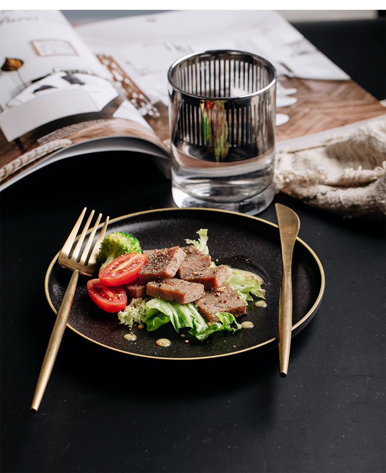 金边陶瓷盘牛排餐盘意面盘西餐盘黑色磨砂摆盘水果盘圆盘子早餐盘