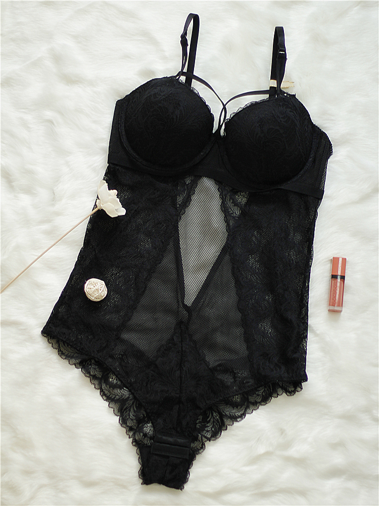 透明欧美女士文胸连体衣吊带增厚罩杯聚拢性感蕾丝镂空透明内衣塑形新