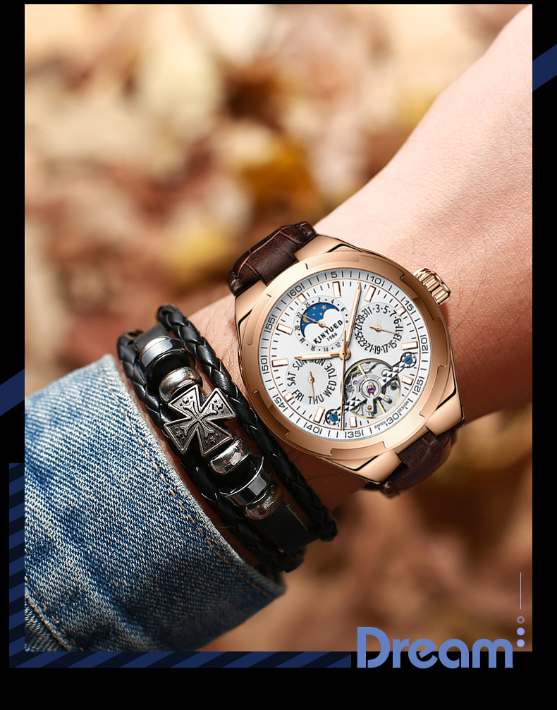 正品kinyued金悦达瑞士日月星辰时尚真皮男士日月星辰时尚手表全自动