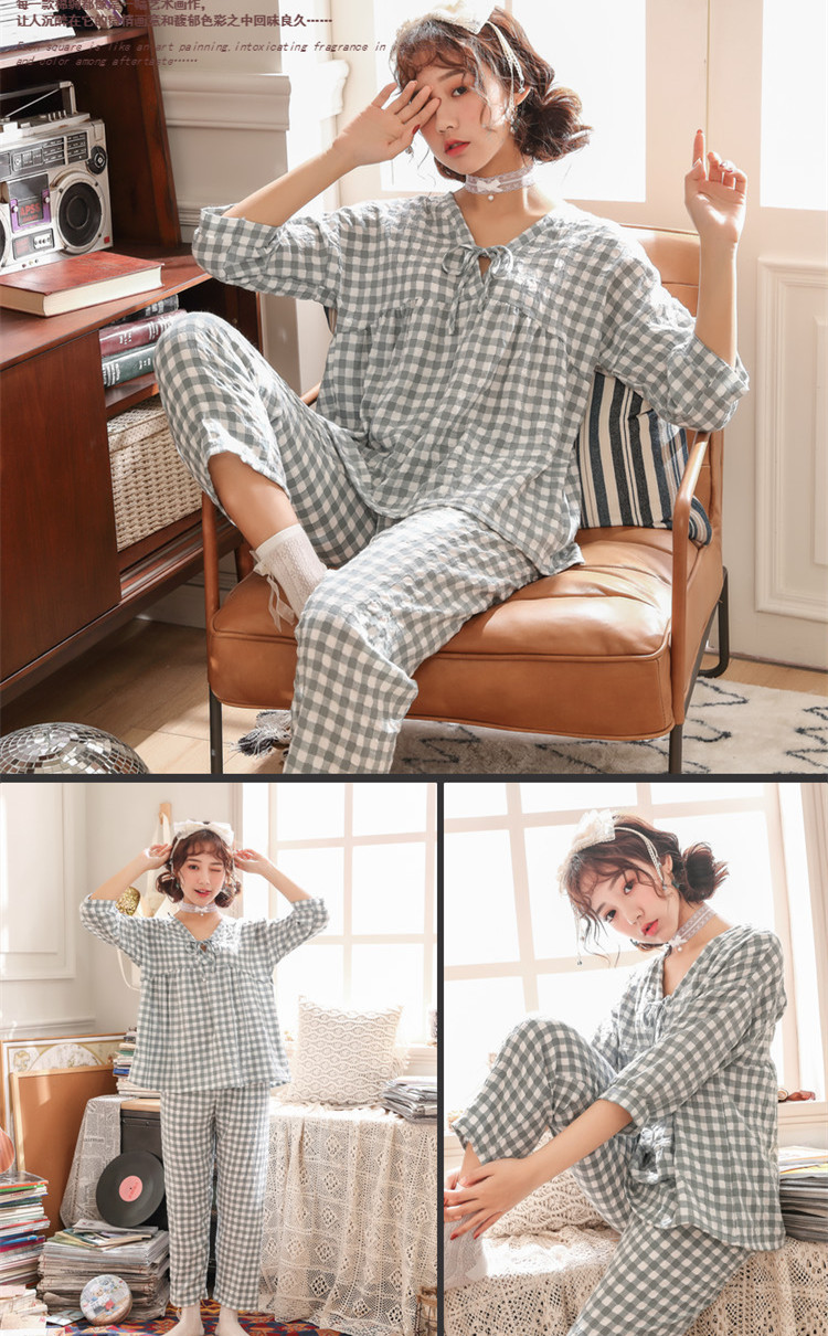 女士睡衣纯棉布家居服长袖学生全棉可爱大码宽松春夏薄款韩版套装