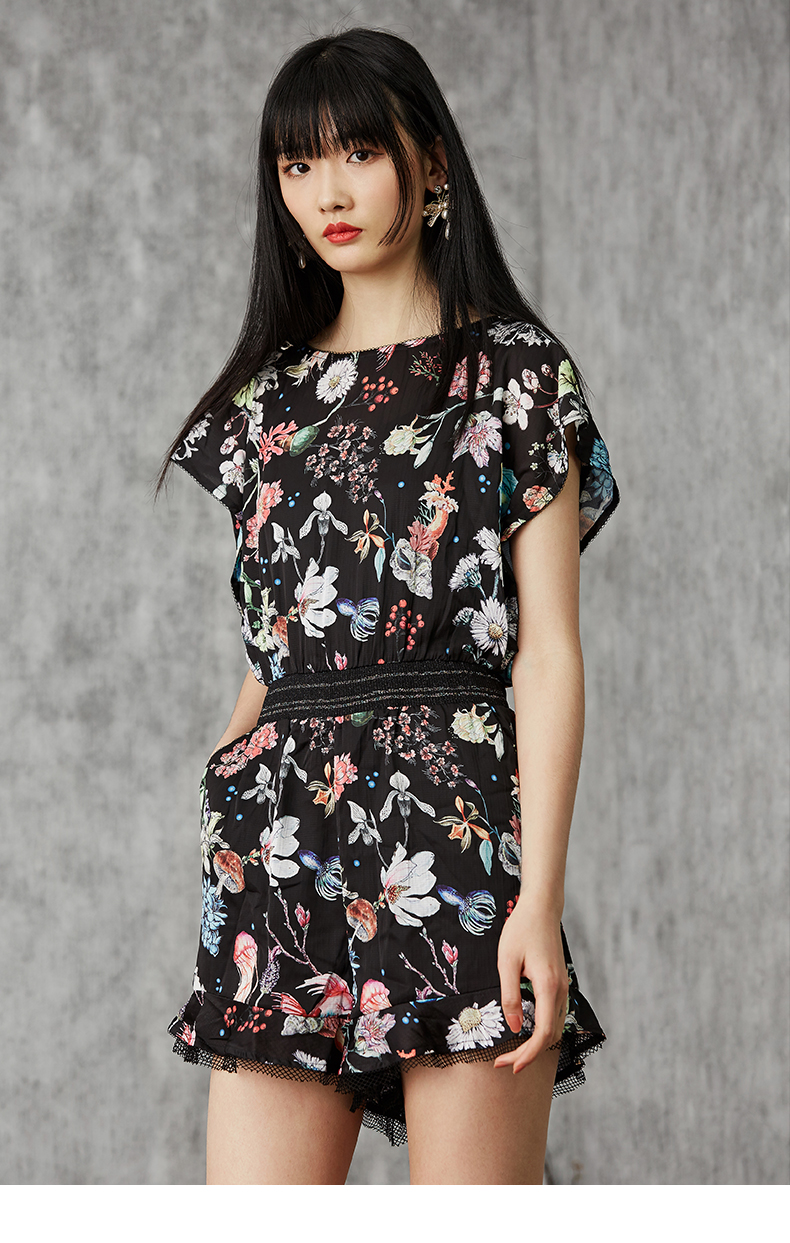 马克华菲女装2019夏圆领无袖修身显瘦连裤裙印花复古风裙裤