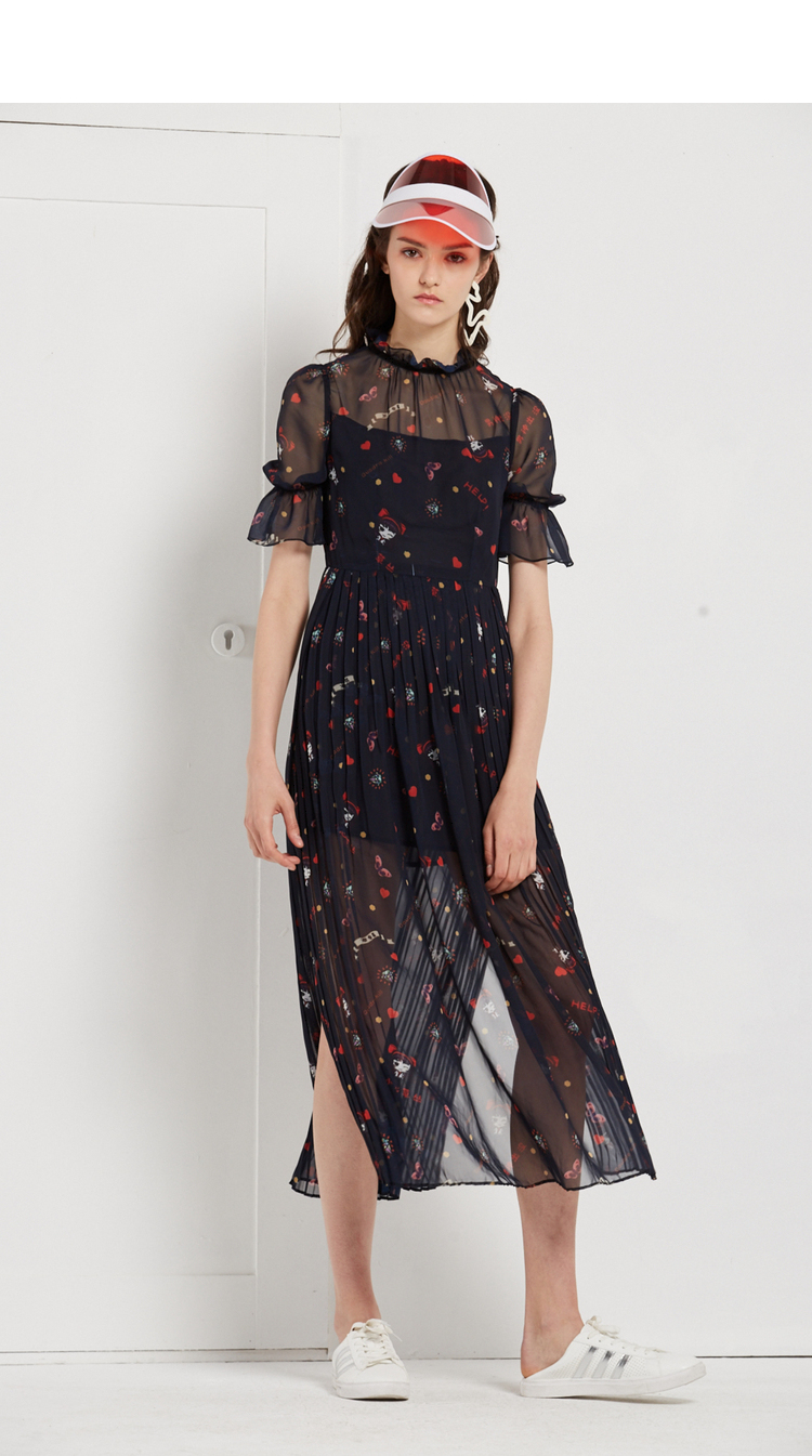 马克华菲女装2019夏中长款短袖蕾丝连衣裙印花透视连衣裙