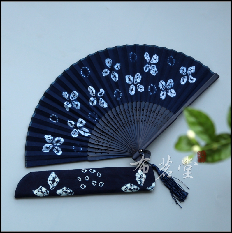 手工扎染布艺折扇 植物蓝染合辑棉布折扇和风日式工艺折扇 fenghou