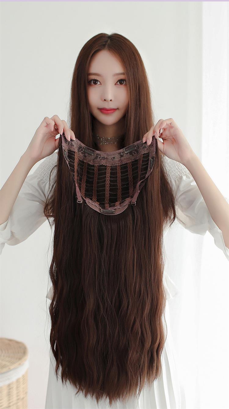 新款假发女接发片u型半头套仿真高温丝微卷女长发化纤发自然黑68cm