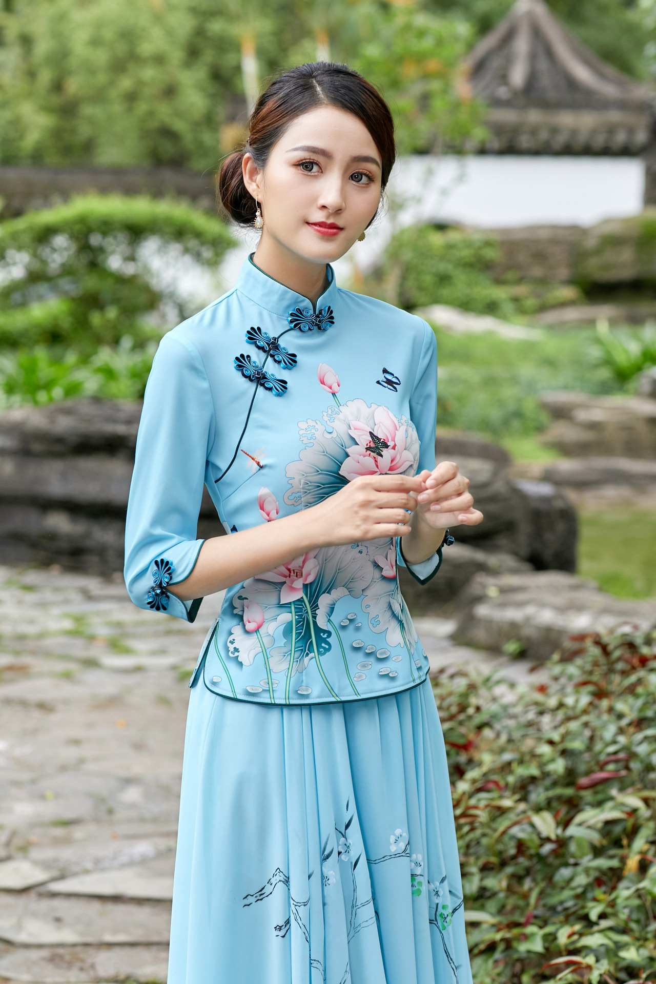 旗袍改良版上衣雪纺裙两件套中国民族风文艺复古女唐装中式汉茶服