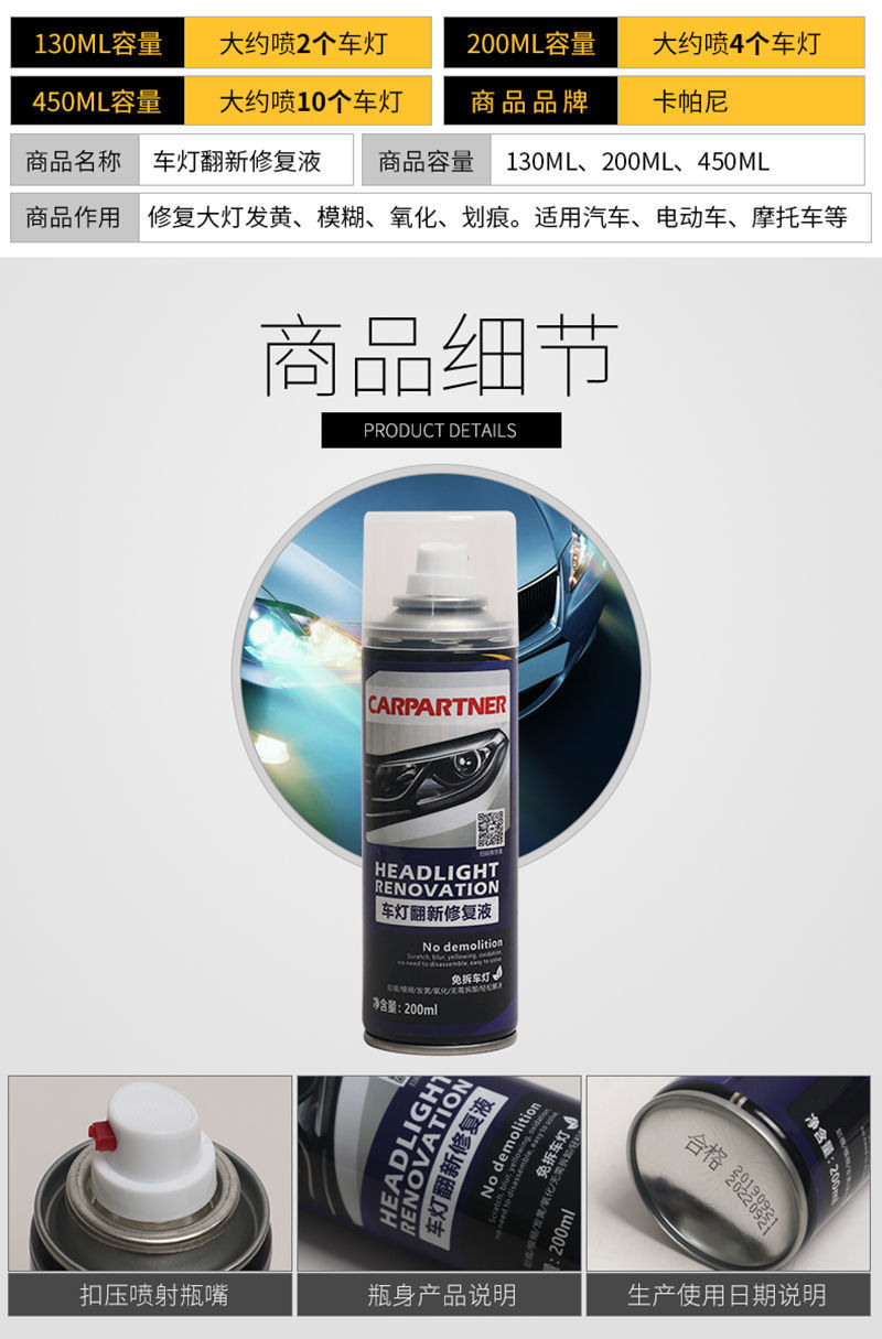汽车大灯修复液发黄划痕老化灯罩速亮车灯翻新剂自喷镀膜剂修复2个