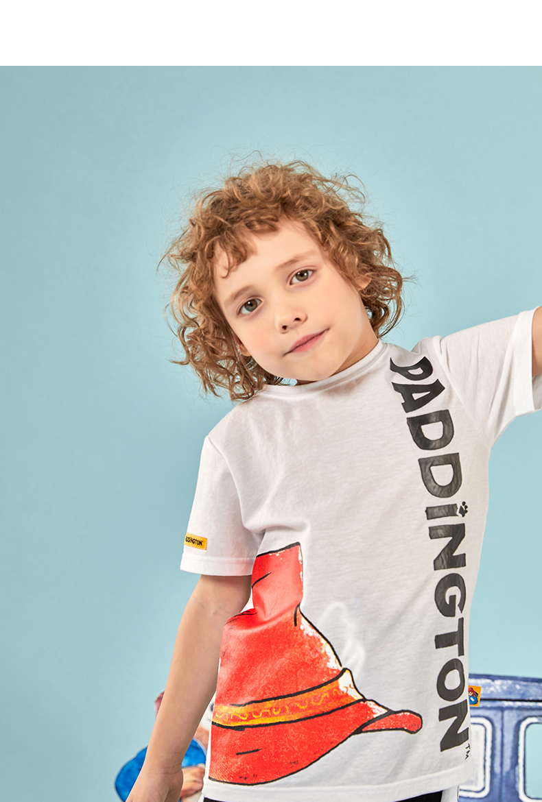 paddingtonbear帕丁顿熊童装夏季儿童绅士帽印花圆领t恤