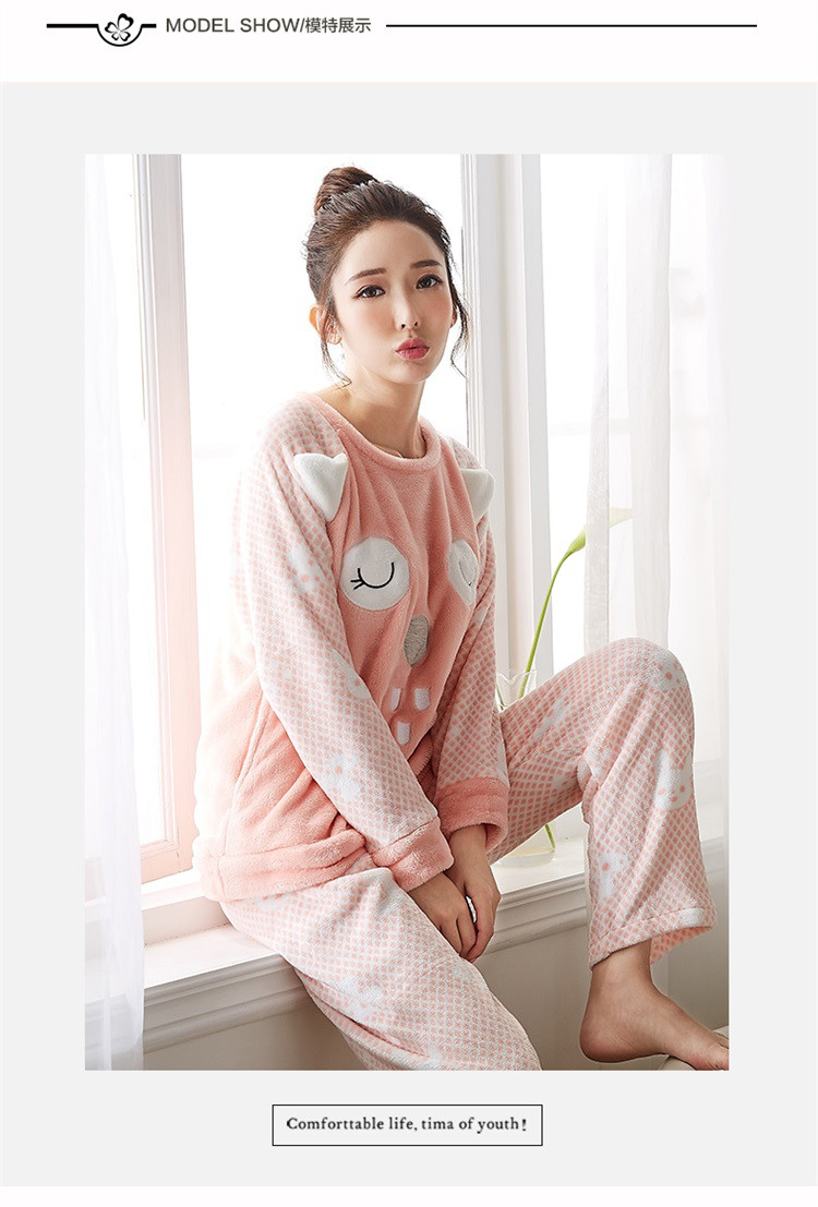 都市丽人卡通圆领插肩袖法兰绒厚款加绒套装家居服女士睡衣dsh025