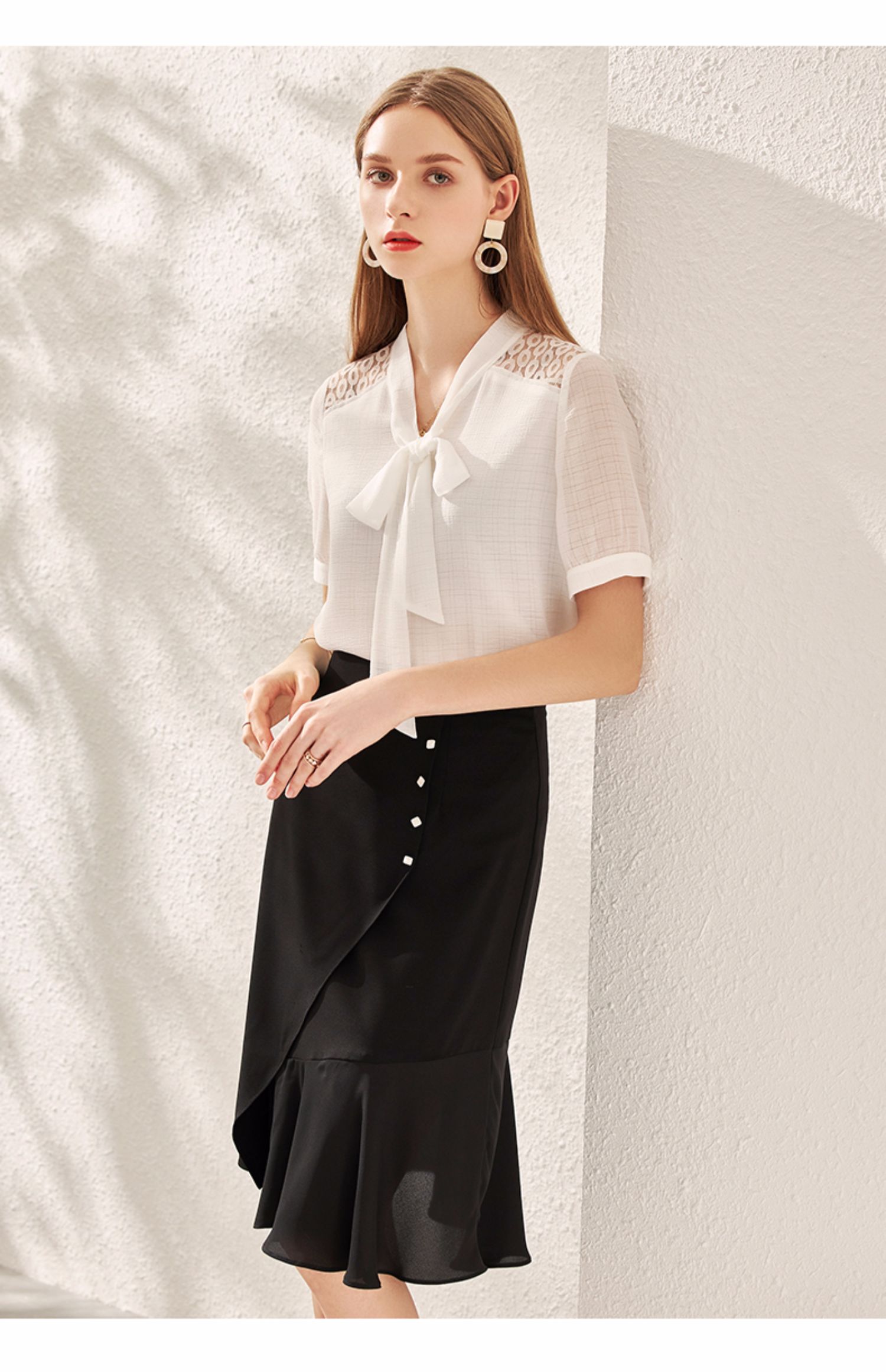 折后叠券预估价118osa白色飘带v领雪纺衫女夏拼接蕾丝上衣2020新款