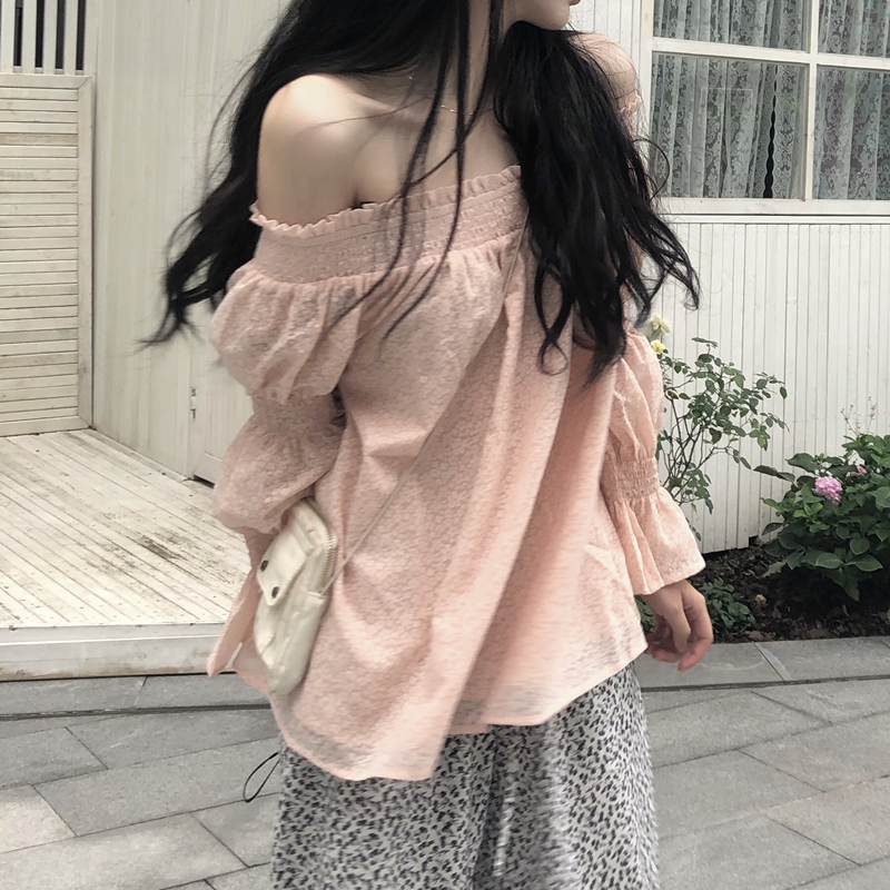 枫述sugar韩风chic花朵温柔可人香肩半露一字肩小碎花宽松松紧腰长裤