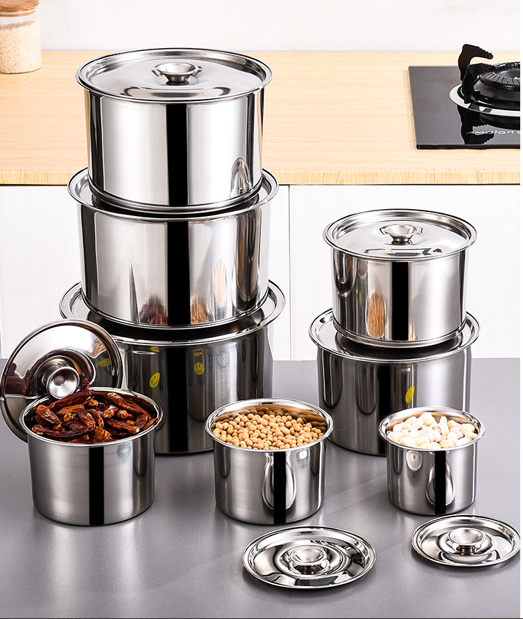 不锈钢圆形桶储物罐调料盆味盅收纳调料盒油罐厨房调料罐带盖家用厨房