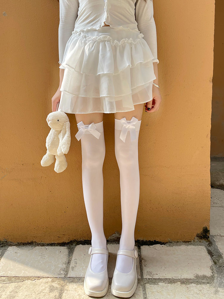 可爱蝴蝶结长筒白色丝袜女日系软妹学生过膝高筒袜子