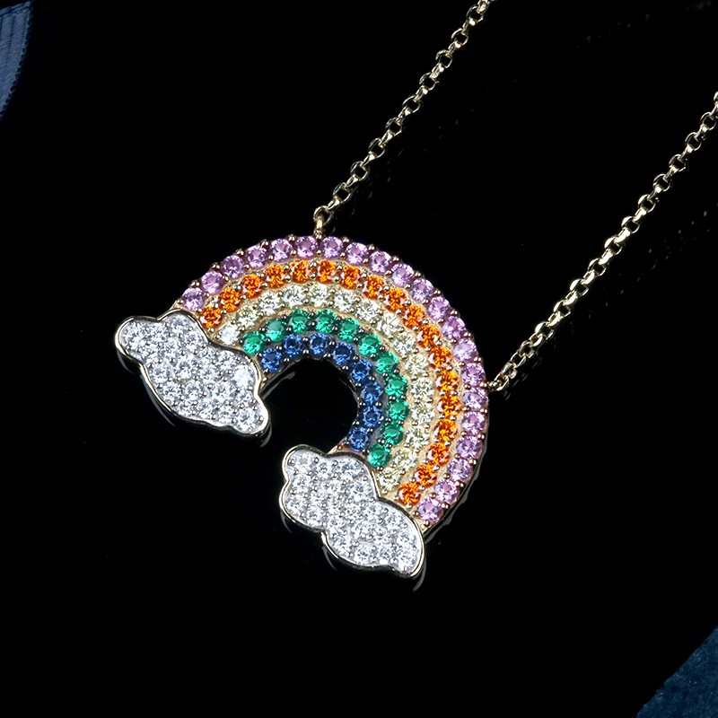 apmmonaco彩虹项链925银吊坠时尚镶晶钻锁骨链颈饰百搭毛衣链可调节ac