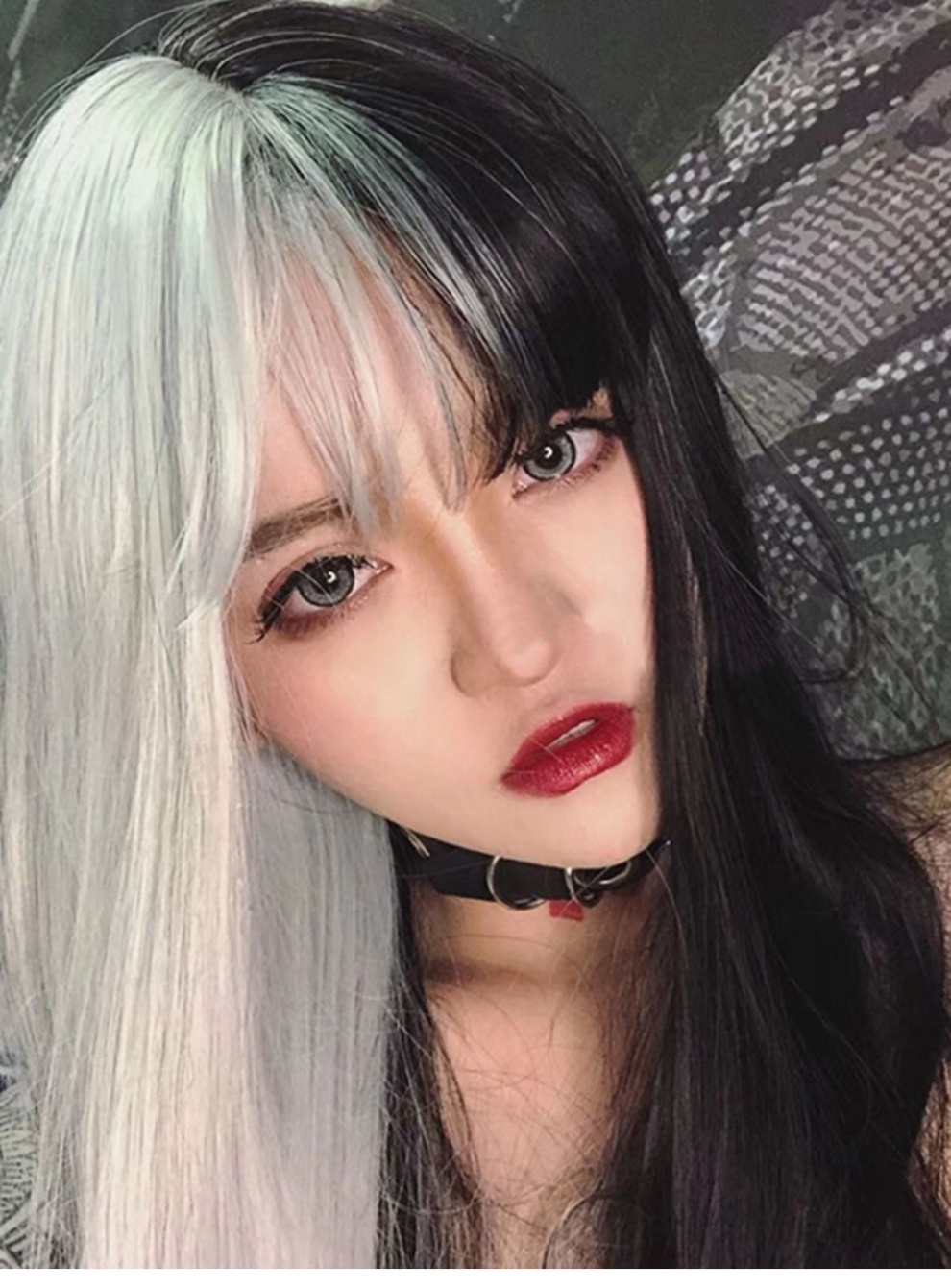 假发女长发黑白双色拼接长直发新款潮流洛丽塔暗黑系阳色全头套 你