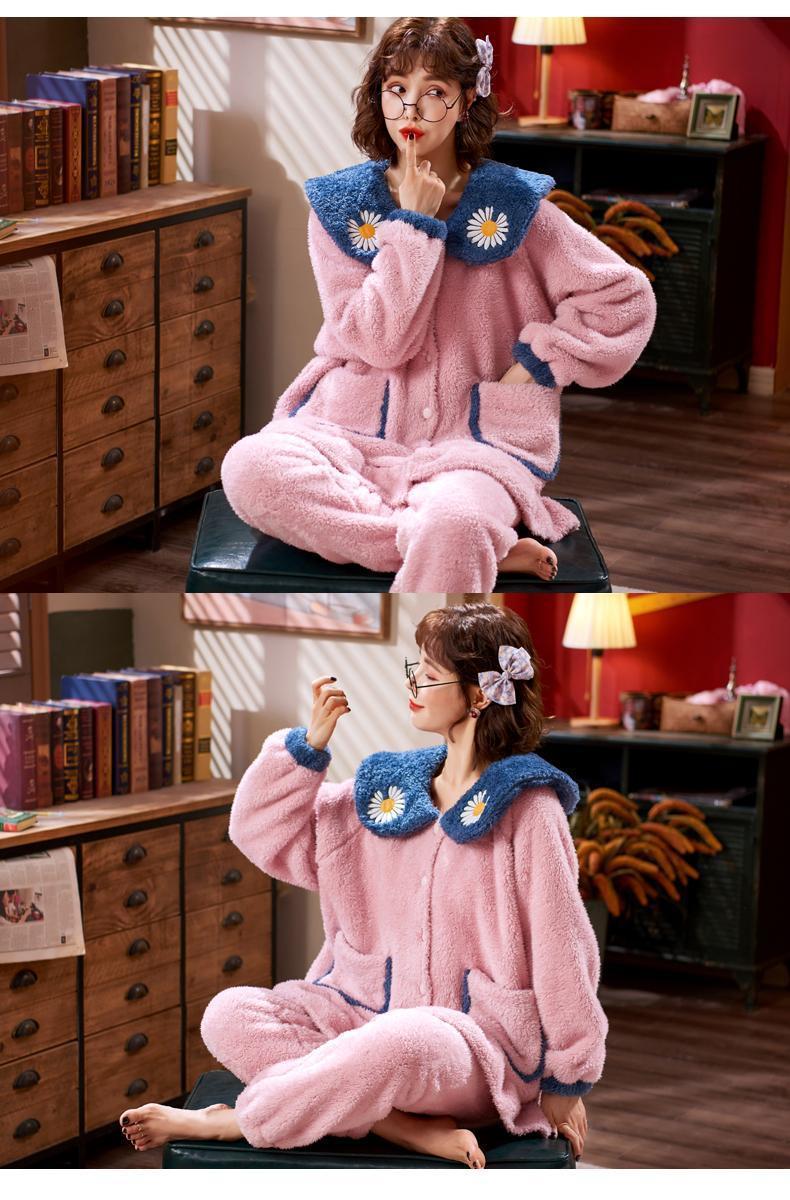 《睡衣女秋冬季长袖宿舍法兰绒珊瑚绒大码月子家居服加大码中老年暖