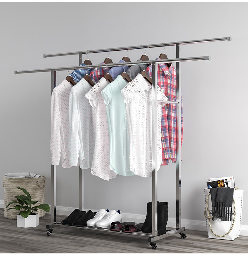 三维工匠不锈钢晾衣架落地折叠室内家用双杆凉衣架晒架室外移动晾衣杆