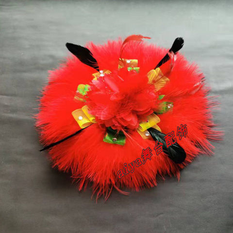 新款秧歌头花古典舞蹈配饰二人转广场舞羽毛花民族表演头花跳舞女红色