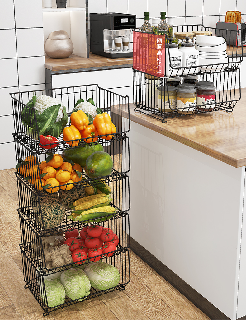 炊大皇厨房黑金大叠篮4件套带轮金属置物框落地桌面大容量收纳超强