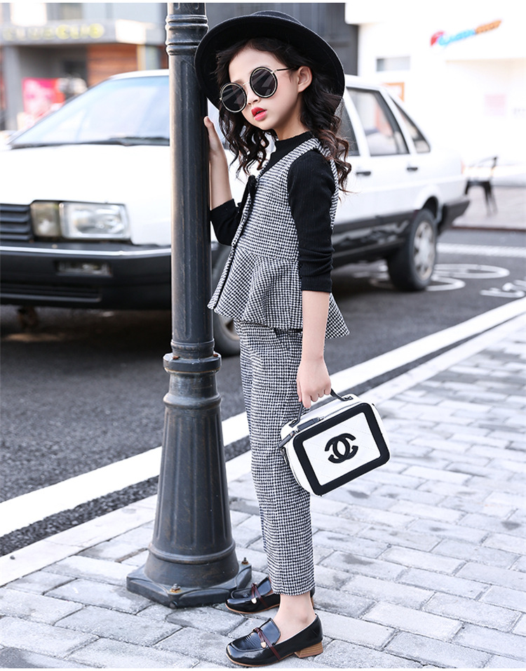 迪鲁奥(diluao)童装女童秋款套装2021新款儿童春秋季格子马甲洋气三