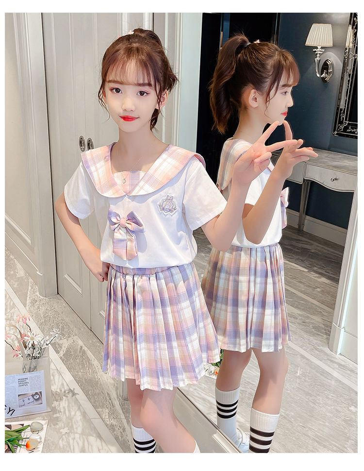 《女童套装夏装2021新款儿童正版jk制服小女孩学院风两件套百褶裙子