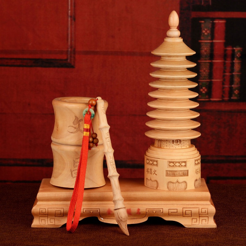 九层桃木文昌塔笔筒刻工艺摆件办公室摆件送文昌笔