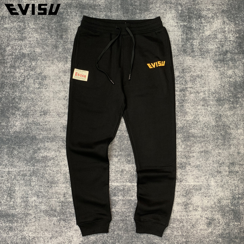 evisu男士休闲裤 evisu福神长裤20ss春秋款大m印花纯棉毛圈运动休闲裤