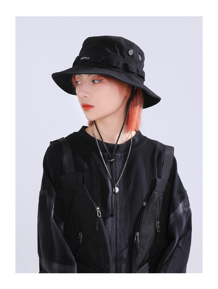 new lakeiiing帽控 春季潮牌街头复古机能渔夫帽抽绳可调节大檐黑色盆